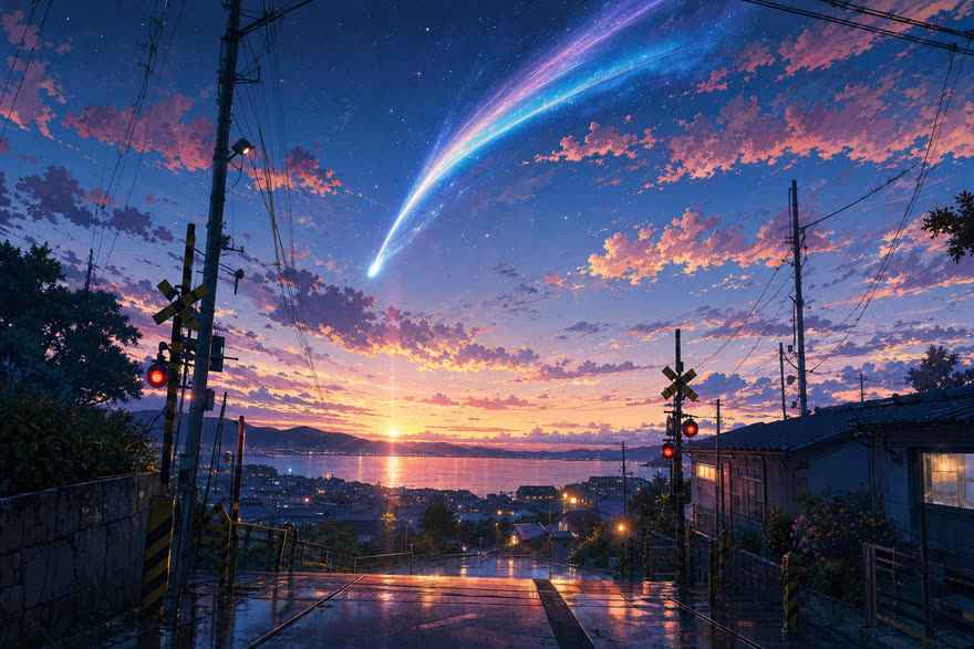 Luminous anime skies explainer film style, sample frame