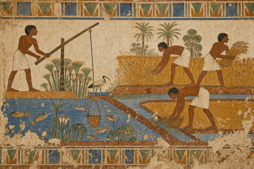 Egyptian wall painting explainer film style, sample frame