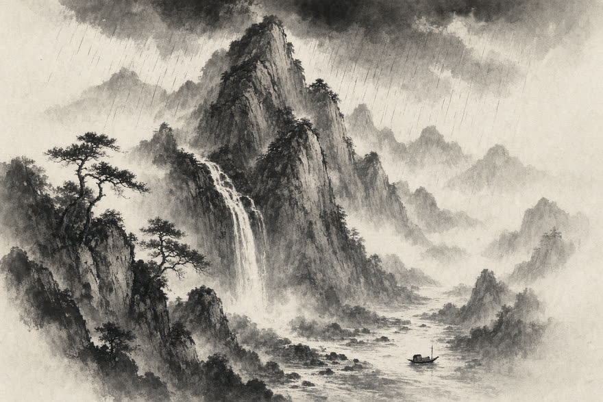 Chinese ink wash explainer film style, sample frame