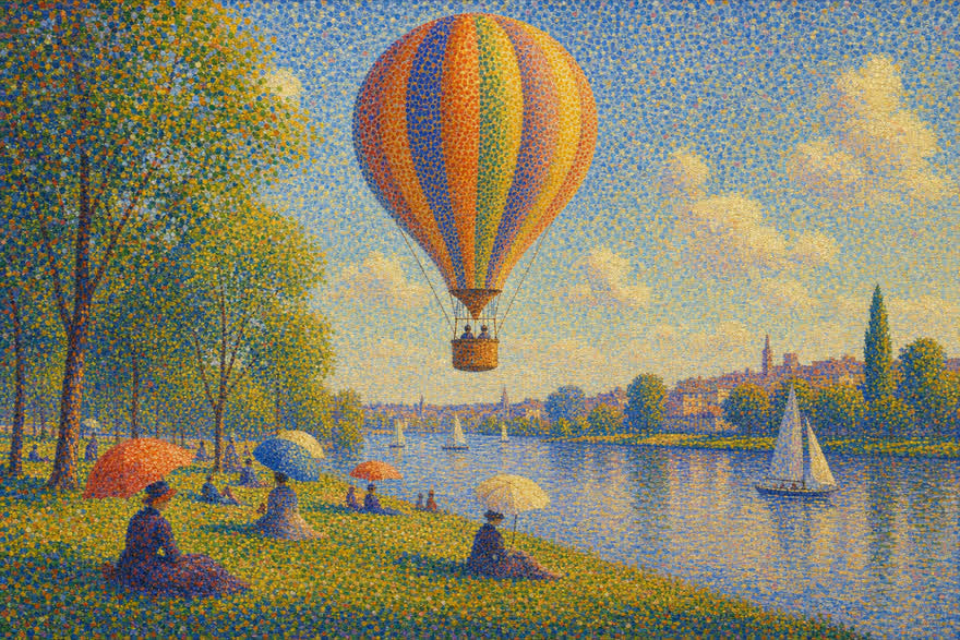 Seurat pointillism explainer film style, sample frame