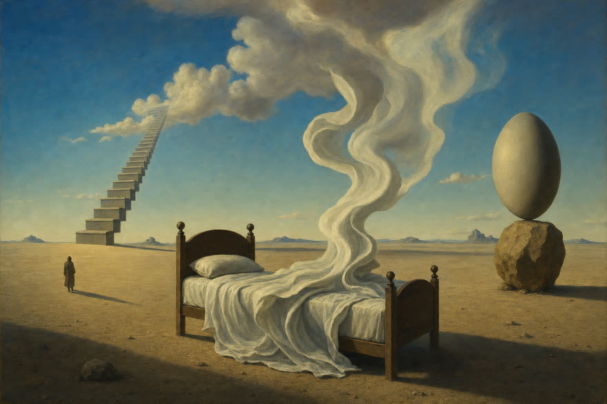 Surrealist dreamscape explainer film style, sample frame