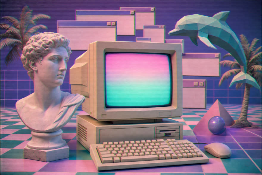 Vaporwave explainer film style, sample frame