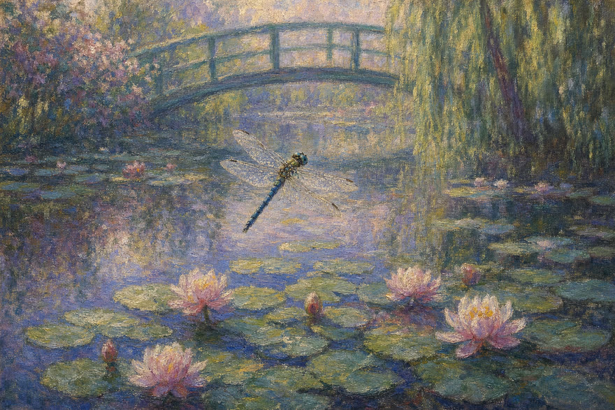 Monet water garden explainer film style, sample frame